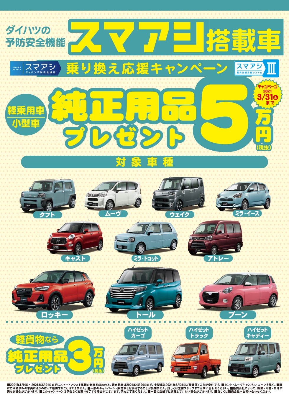 スマアシ搭載車 乗り換え応援キャンペーン 純正用品5万円プレゼント ダイハツ広島販売 スマアシ搭載車 乗り換え応援キャンペーン 純正用品5万円プレゼント ダイハツ広島販売