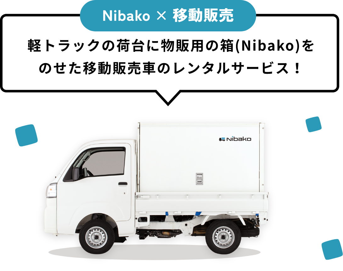 軽トラックの荷台に物販用の箱(Nibako)をのせた移動販売車のレンタルサービス！