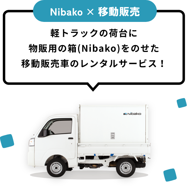 軽トラックの荷台に物販用の箱(Nibako)をのせた移動販売車のレンタルサービス！