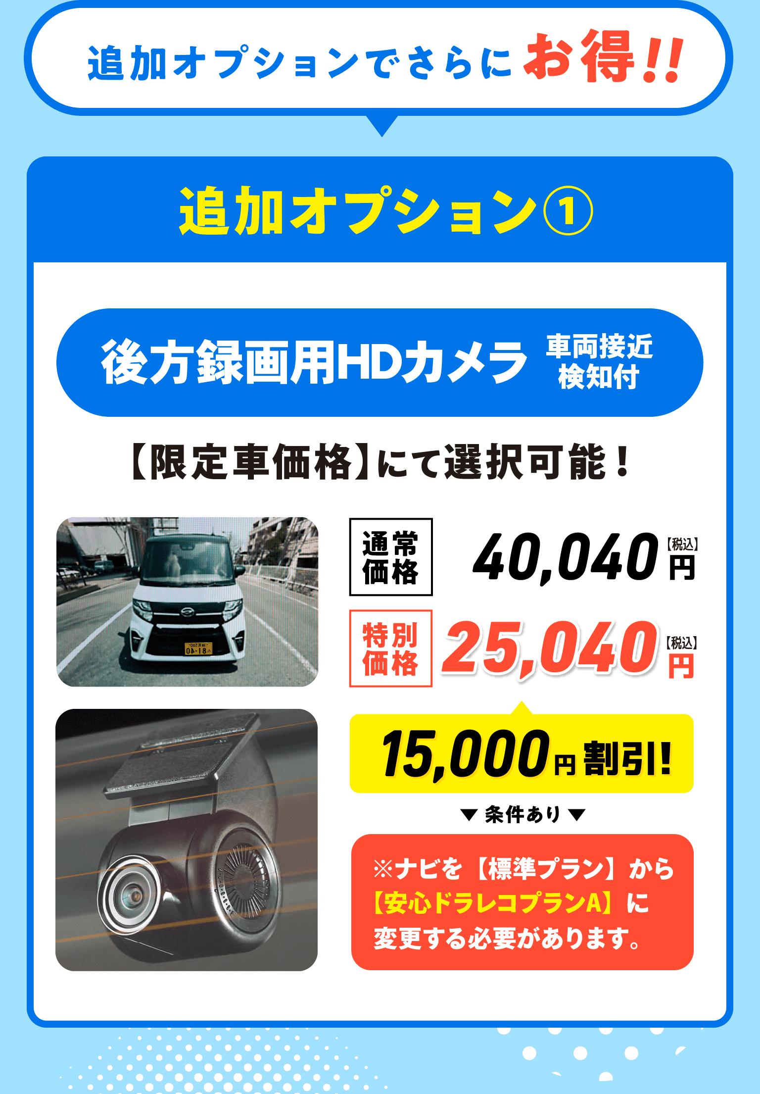 追加オプションでさらにお得！！ 追加オプション①後方録画用HDカメラ