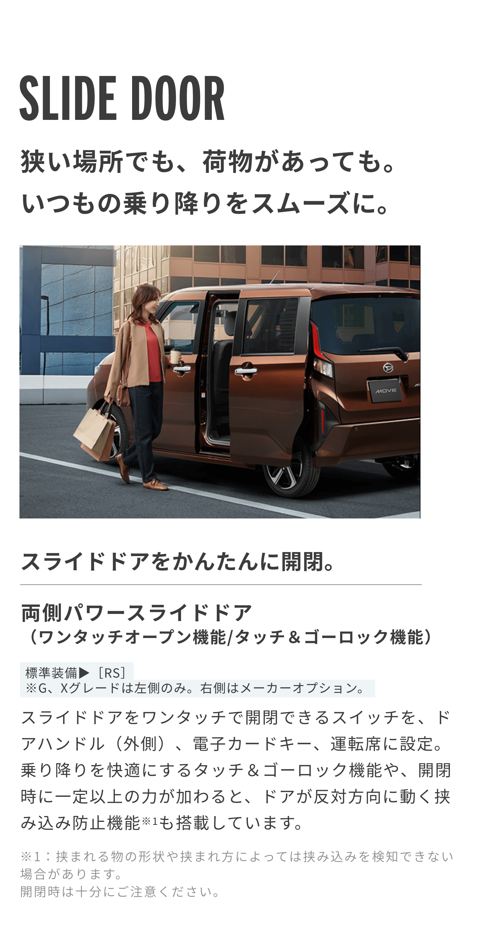 SLIDE DOOR 狭い場所でも、荷物があっても。いつもの乗り降りをスムーズに。