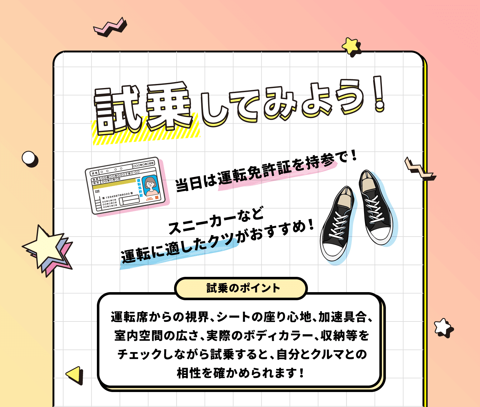 試乗してみよう！ 試乗のポイントは運転席からの視界、シートの座り心地、加速具合、室内空間の広さ、実際のボディカラー、収納等をチェックしながら試乗すると、自分とクルマとの相性を確かめられます！