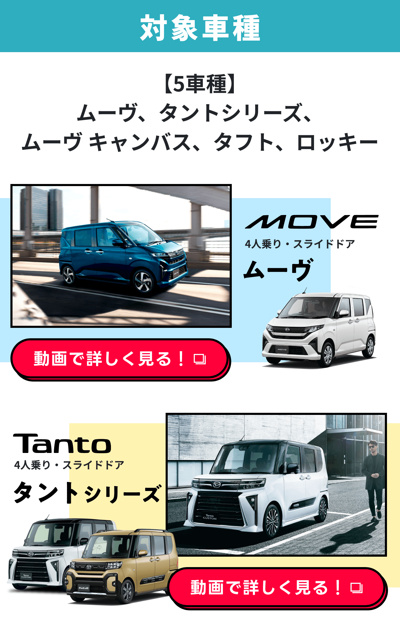 対象車種 5車種 ムーヴ、タントシリーズ、ムーヴ キャンバス、タフト、ロッキー
